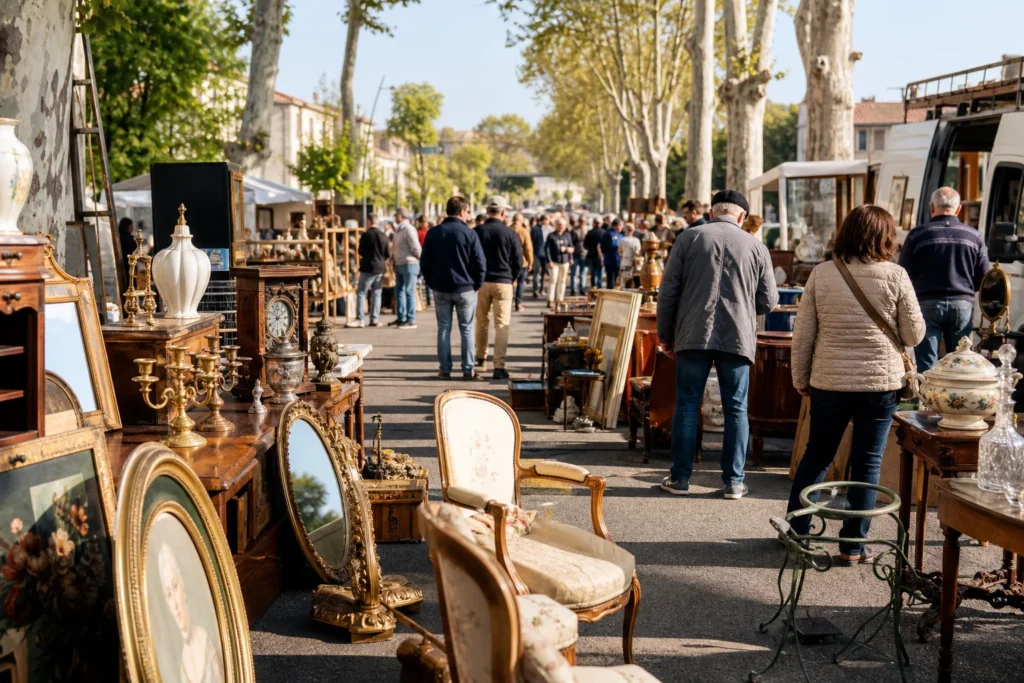shoppers browsing antique and vintage market stalls at Grande Foire à la brocante de Pézenas in Provence