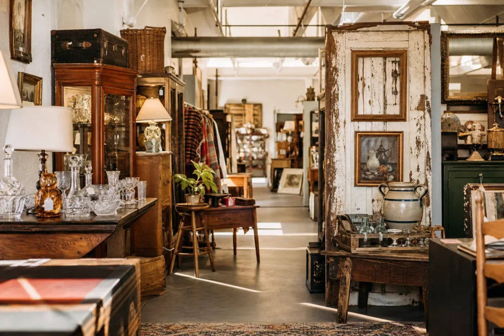 shoppers browsing antique and vintage market stalls at Grapevine Antique Market in Texas