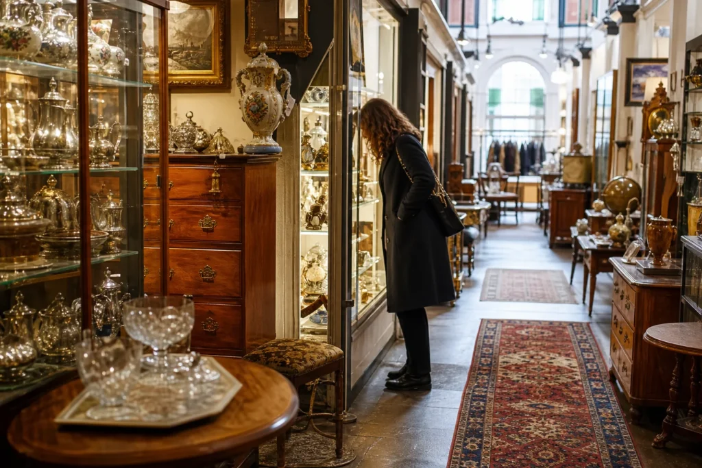 shoppers browsing antique and vintage market stalls at Grays Antique Centre in London
