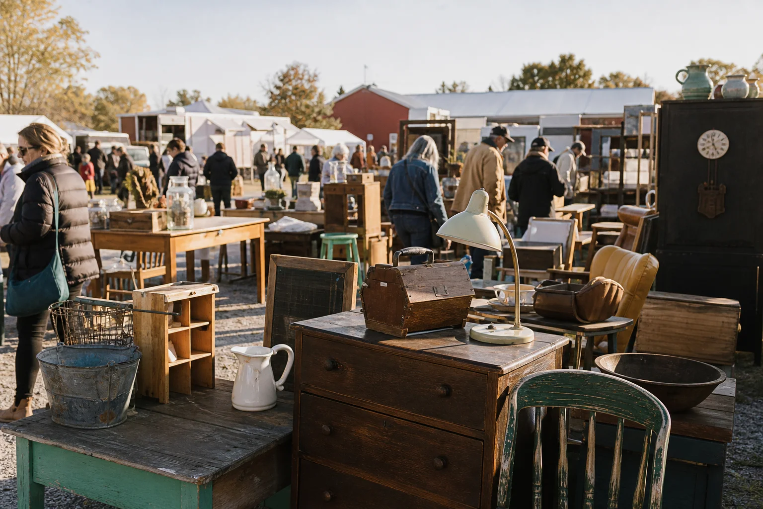 shoppers browsing antique and vintage market stalls at Grayslake Illinois Antique & Vintage Market in Chicago, Illinois