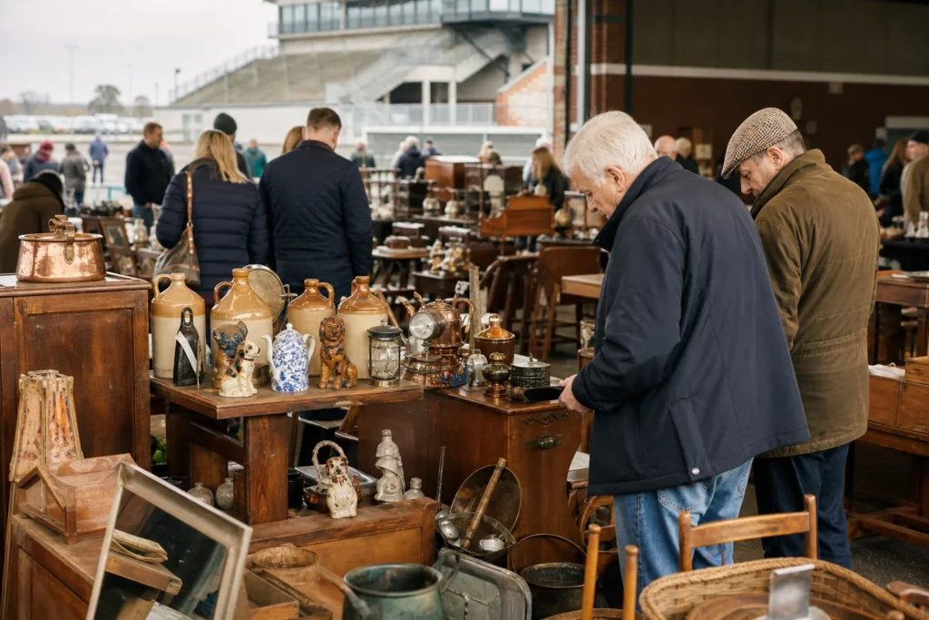 shoppers browsing antique and vintage market stalls at Great Wetherby Racecourse Antiques Fair in United Kingdom