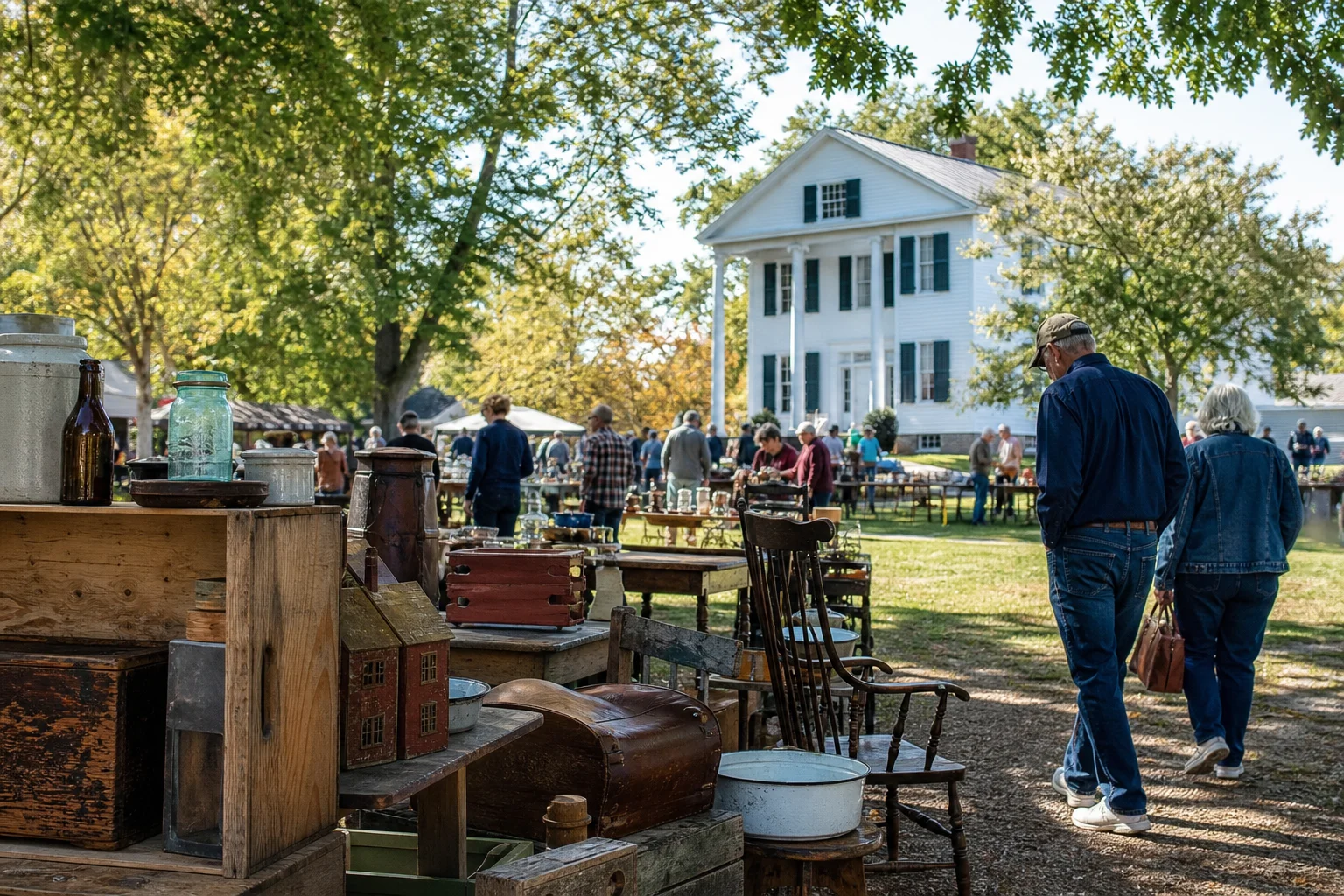 shoppers browsing antique and vintage market stalls at Greenmead Flea Market in Michigan