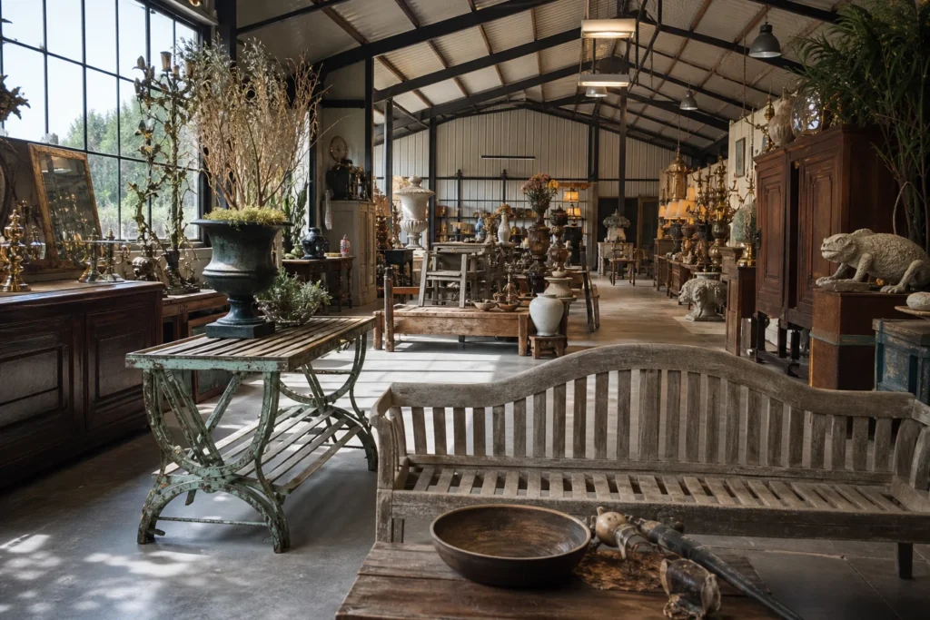 shoppers browsing antique and vintage market stalls at Guenatone in France, Perche