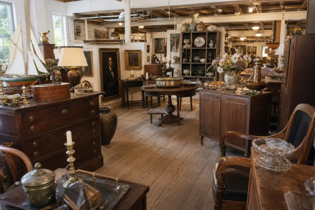 shoppers browsing antique and vintage market stalls at Gurley Antiques Gallery in Maine