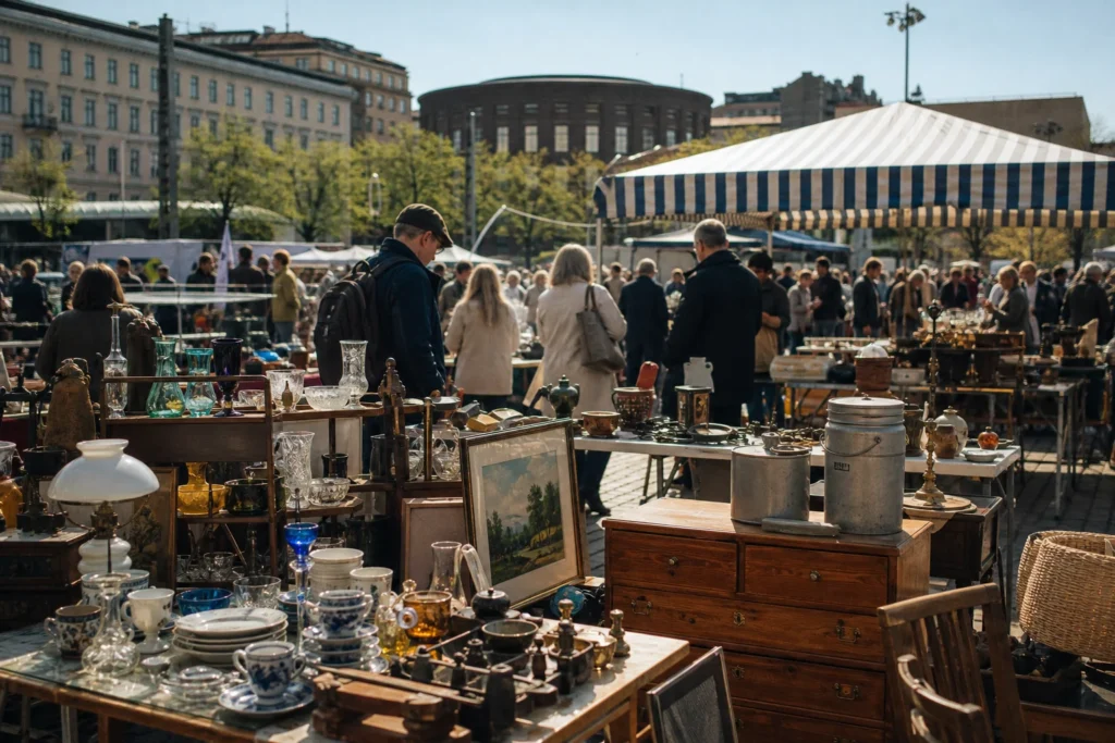 shoppers browsing antique and vintage market stalls at Hakaniemi Kirppis Sunday flea market in Finland