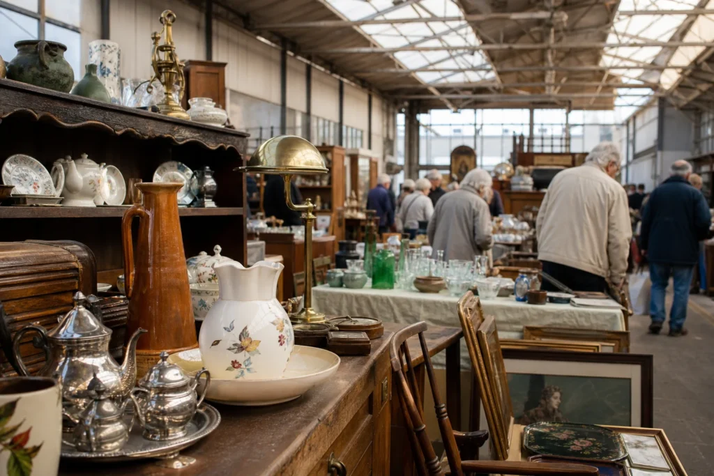 shoppers browsing antique and vintage market stalls at Halesworth Brocante in United Kingdom