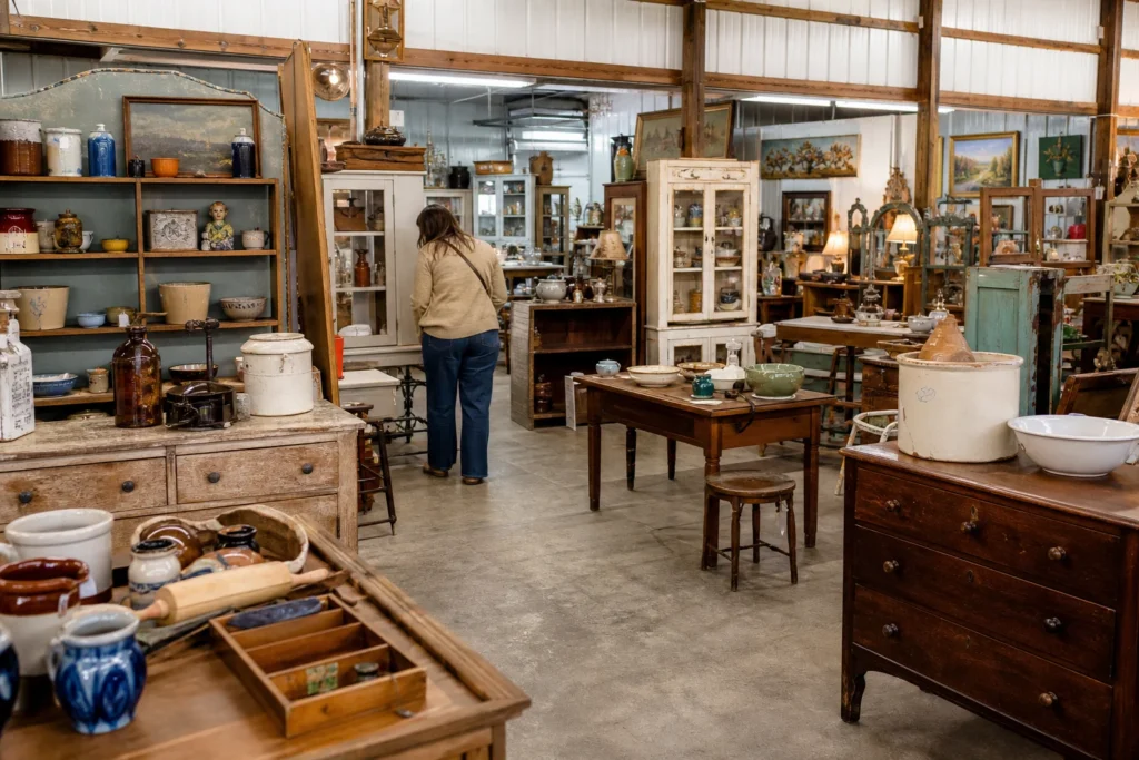 shoppers browsing antique and vintage market stalls at Hamby Mill Flea Market and Antiques in Alabama