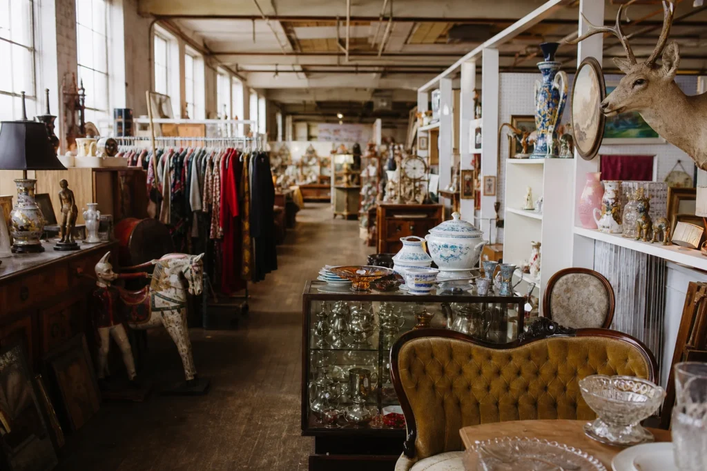 shoppers browsing antique and vintage market stalls at Hancock Antique Mall and Flea Market in Maryland