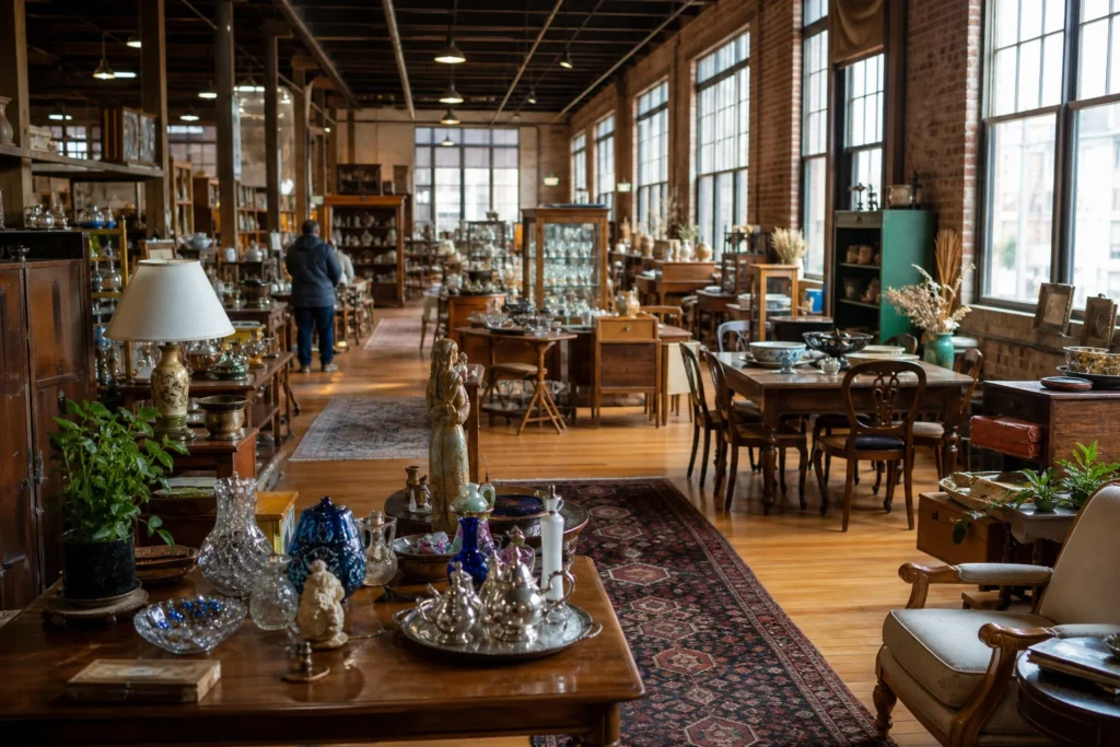 shoppers browsing antique and vintage market stalls at Hathaway Mill Antiques in Maine