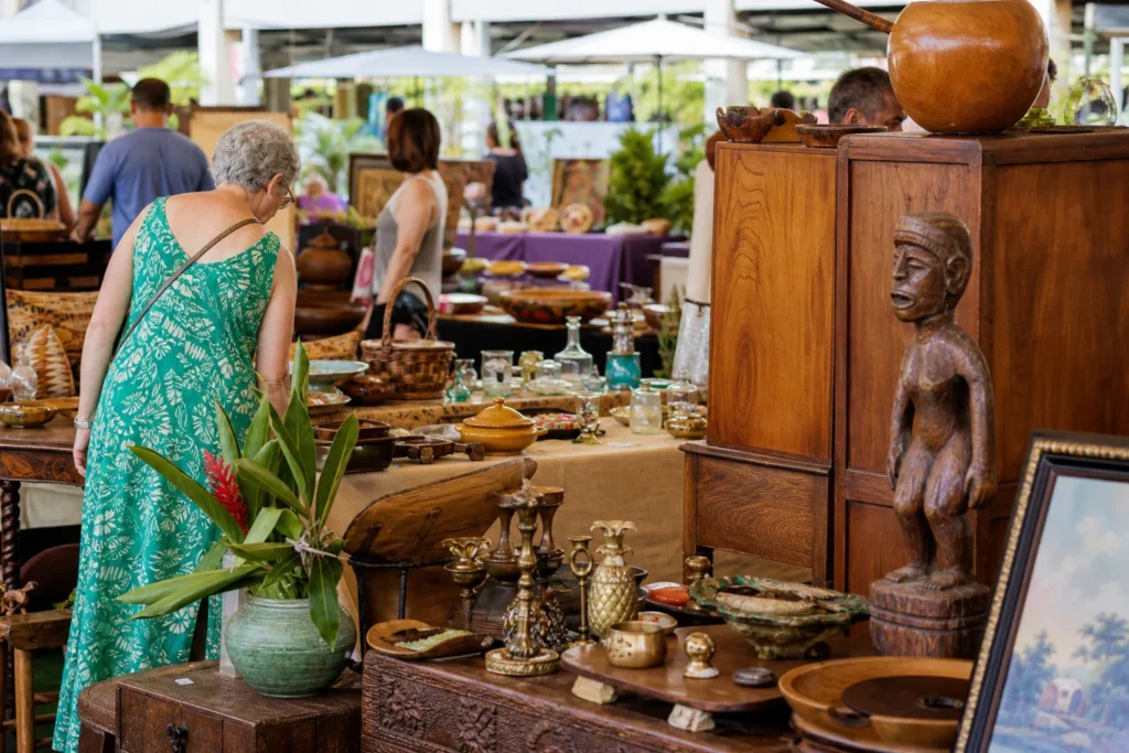 shoppers browsing antique and vintage market stalls at Hawaii All Collectors Show & Wiki Wiki One Day Vintage Shows