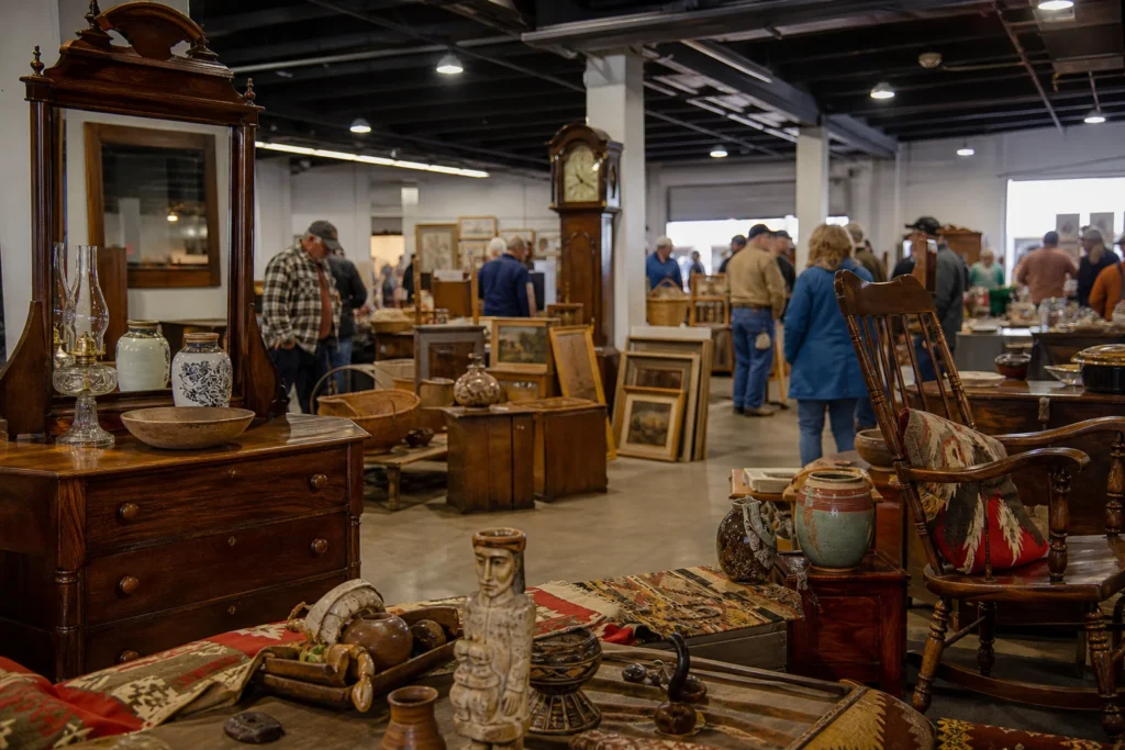 shoppers browsing antique and vintage market stalls at Heartland Antique Shows in Indiana