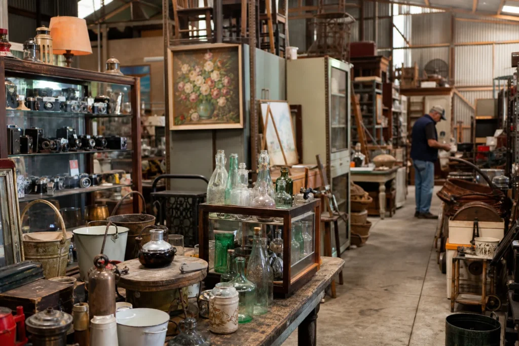 shoppers browsing antique and vintage market stalls at Heath’s Old Wares and Collectibles in New South Wales