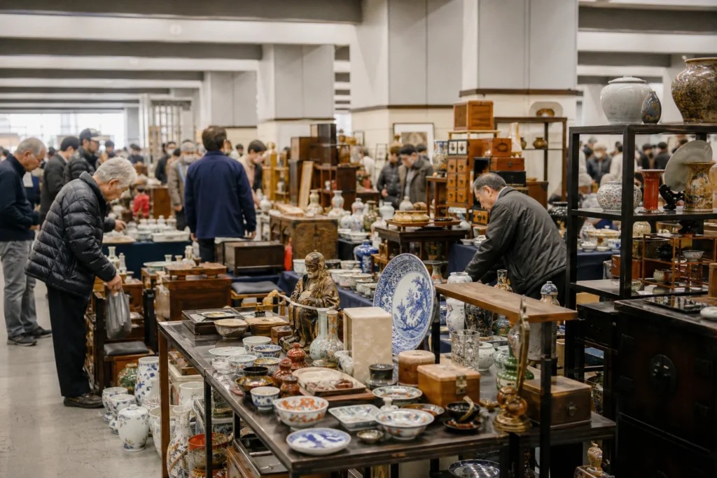 shoppers browsing antique and vintage market stalls at Heiwajima Antique Fair – 平和島全国古民具 骨董まつり in Japan, Tokyo