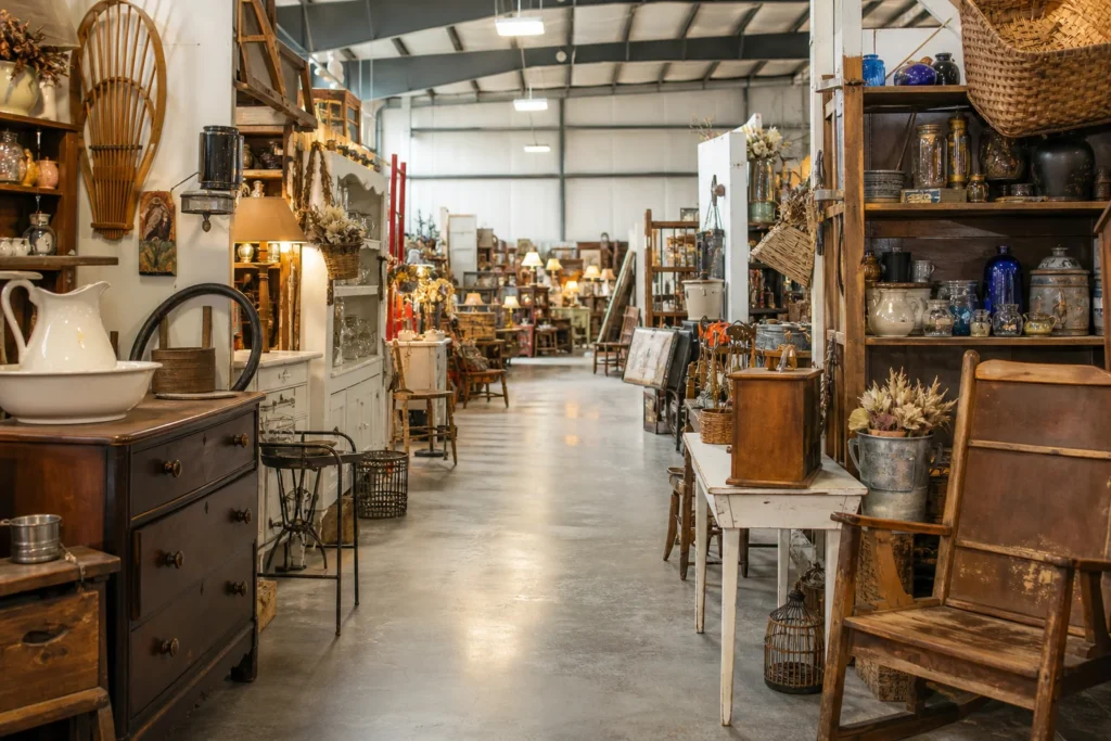 shoppers browsing antique and vintage market stalls at Highway Pickers Antique Mall in Alabama