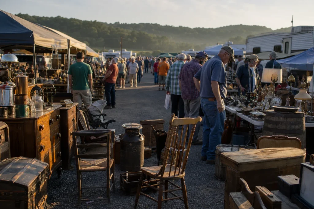 shoppers browsing antique and vintage market stalls at Hillsville Flea Market in Virginia