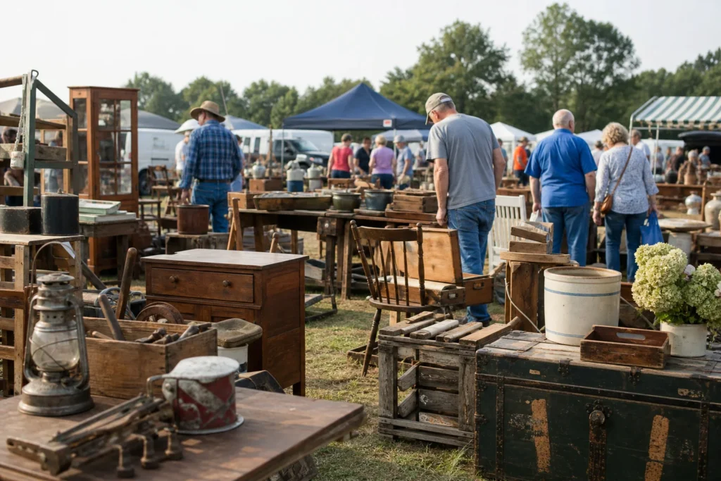 shoppers browsing antique and vintage market stalls at Historic US 80 Hwy Sale in USA