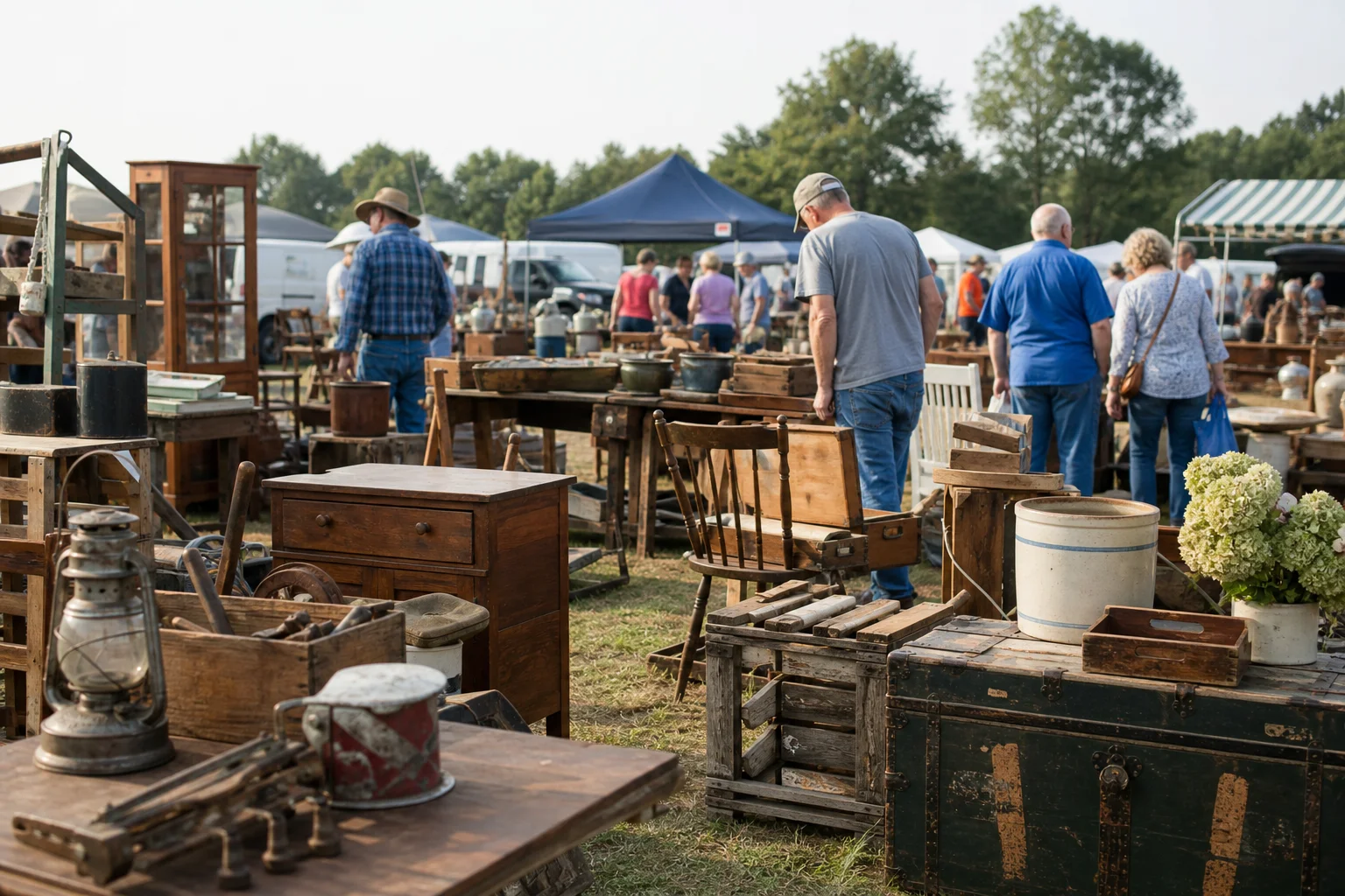 shoppers browsing antique and vintage market stalls at Historic US 80 Hwy Sale in USA
