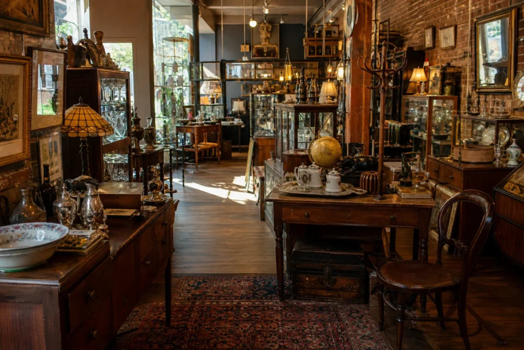 shoppers browsing antique and vintage market stalls at Hobart’s Antique District in Tasmania