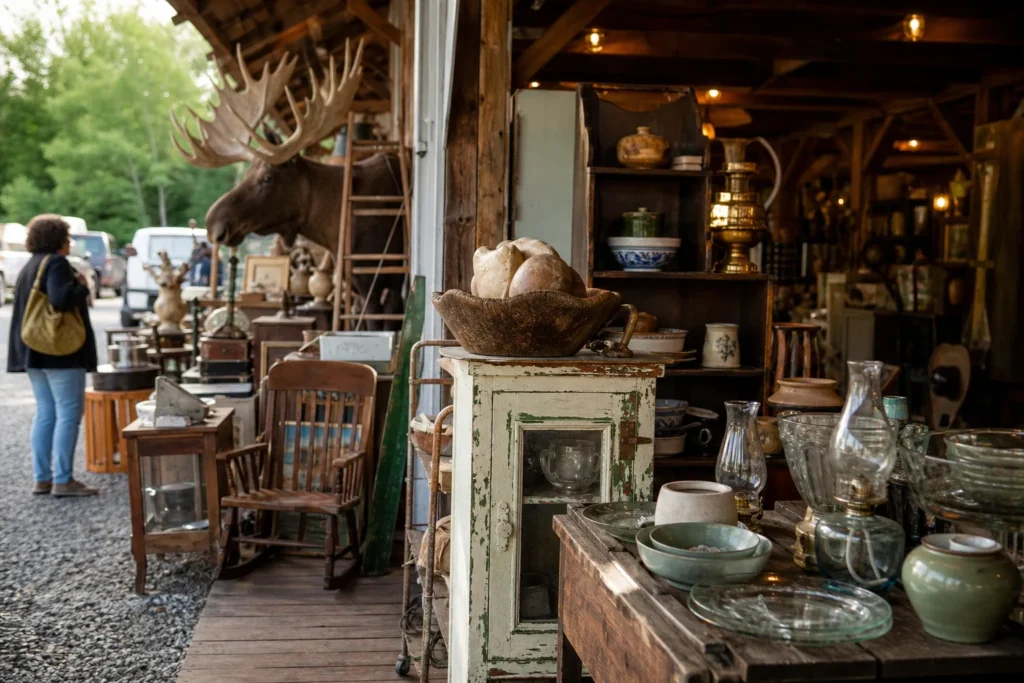 shoppers browsing antique and vintage market stalls at Hobby Horse Antiques and Flea Market in Maine