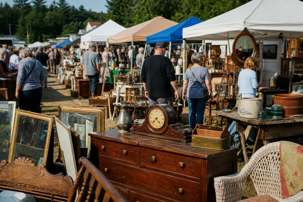 shoppers browsing antique and vintage market stalls at Hollis Flea Market in New Hampshire