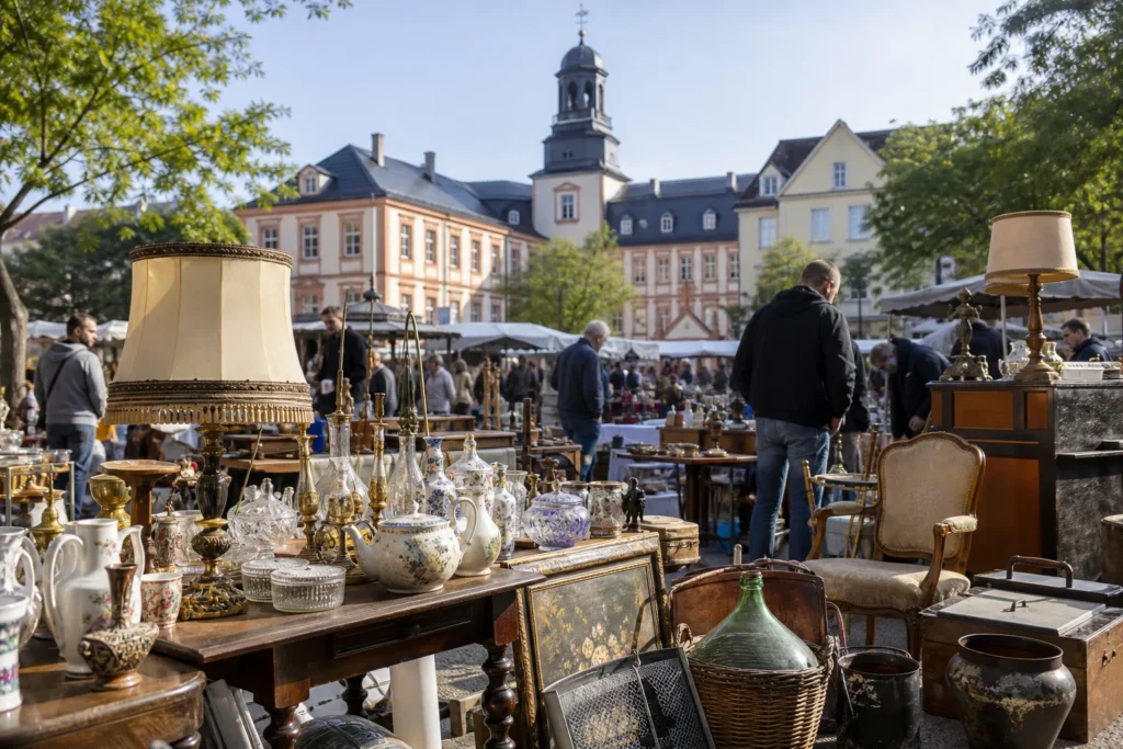 shoppers browsing antique and vintage market stalls at Homburger Flohmarkt in Germany