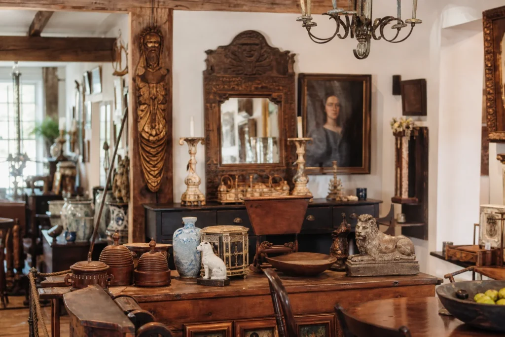 shoppers browsing antique and vintage market stalls at House of Ancestors Antiques in Virginia