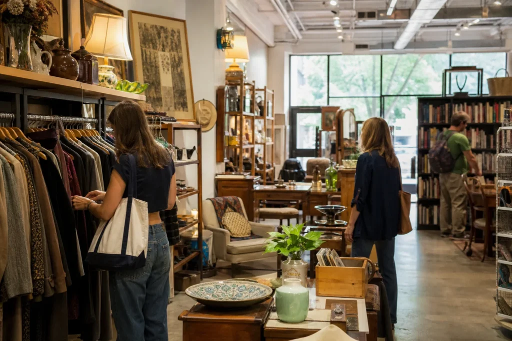 shoppers browsing antique and vintage market stalls at Housing Works Thrift Shops in New York City