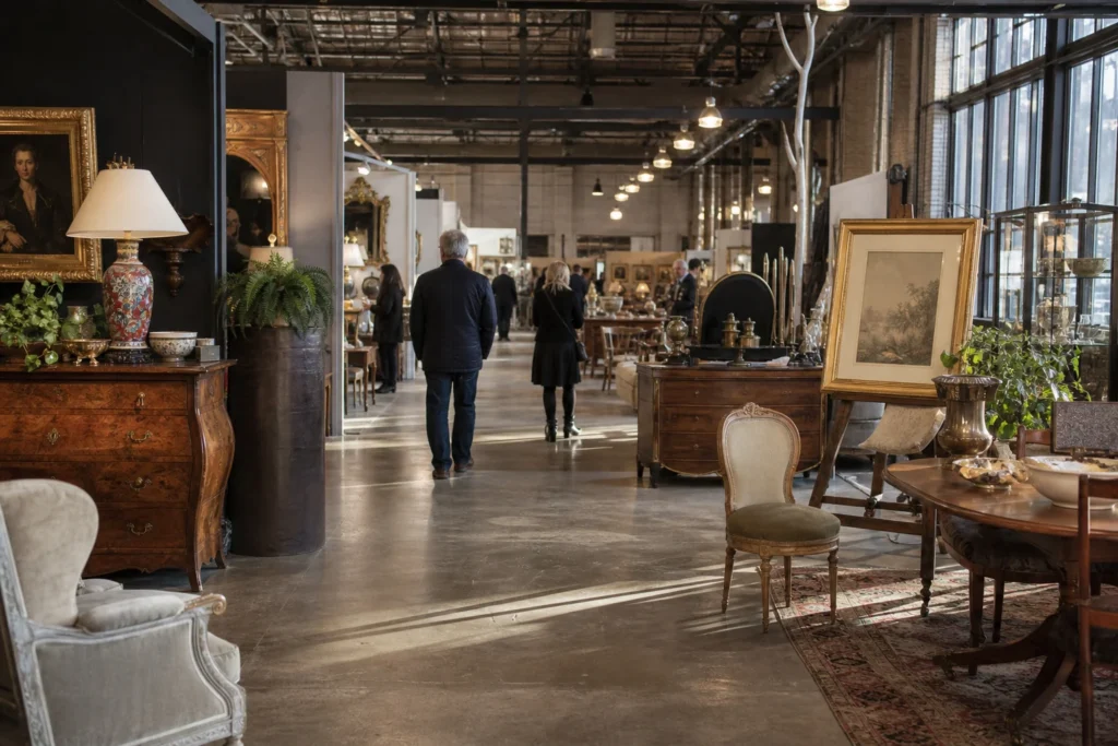 shoppers browsing antique and vintage market stalls at Houston Antiques + Art + Design Show in Texas