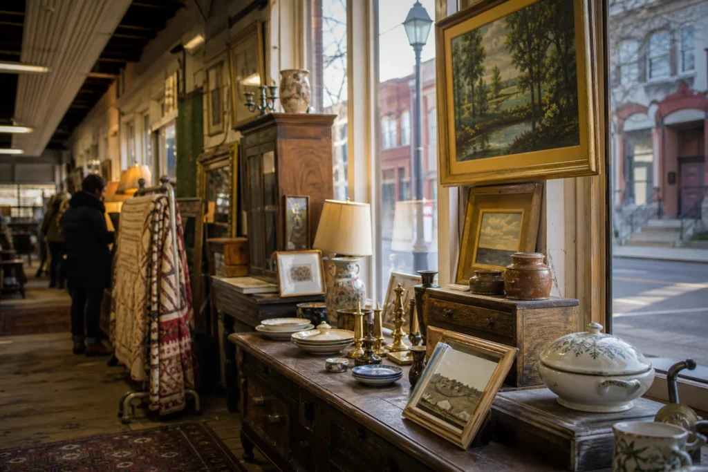 shoppers browsing antique and vintage market stalls at Hudson’s Antique District in New York State