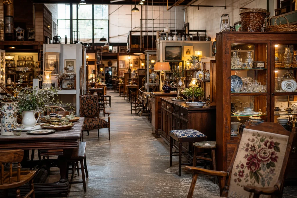shoppers browsing antique and vintage market stalls at Huntsville’s Antique District, AL in Alabama