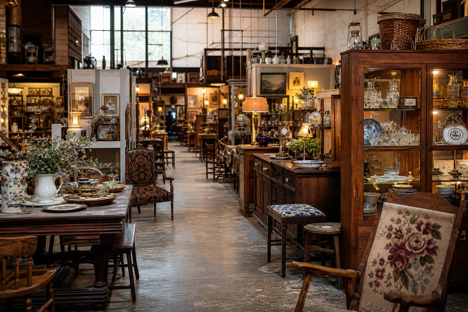 shoppers browsing antique and vintage market stalls at Huntsville’s Antique District, AL in Alabama
