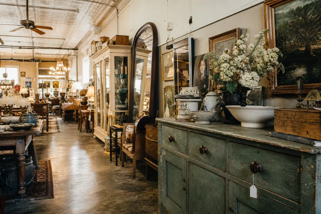 shoppers browsing antique and vintage market stalls at Huntsville’s Antique District, TX in Texas