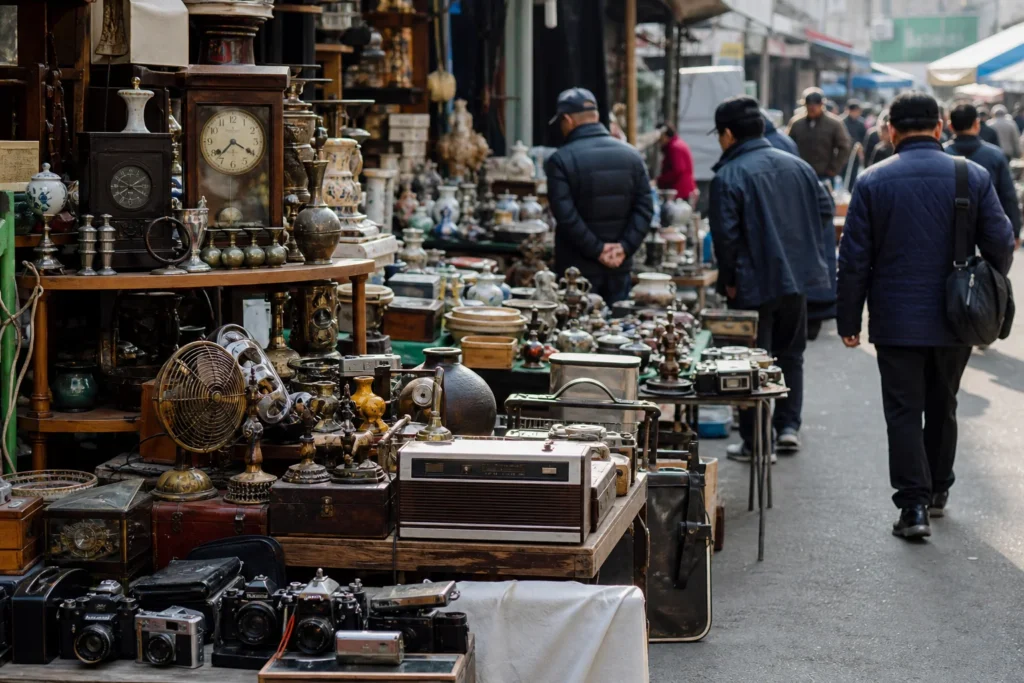 shoppers browsing antique and vintage market stalls at Hwanghak-dong Flea Market – 황학동 벼룩 시장 in South Korea