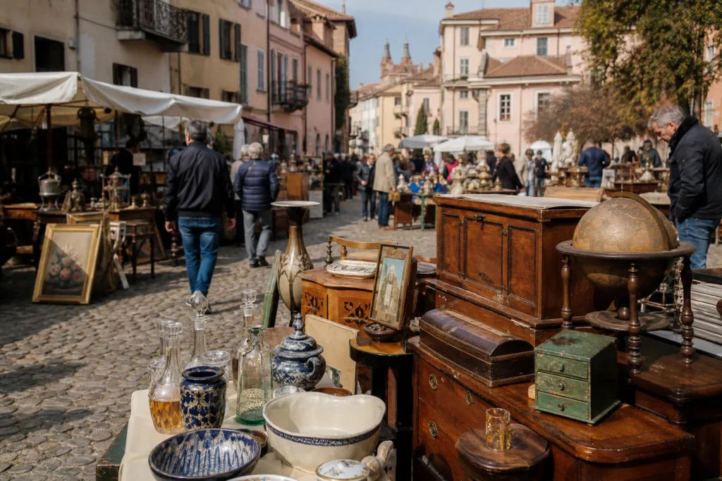 shoppers browsing antique and vintage market stalls at I Grandi mercati di Cherasco in Italy