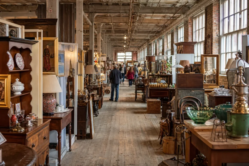 shoppers browsing antique and vintage market stalls at Ian Henderson’s Antique Mall in Georgia