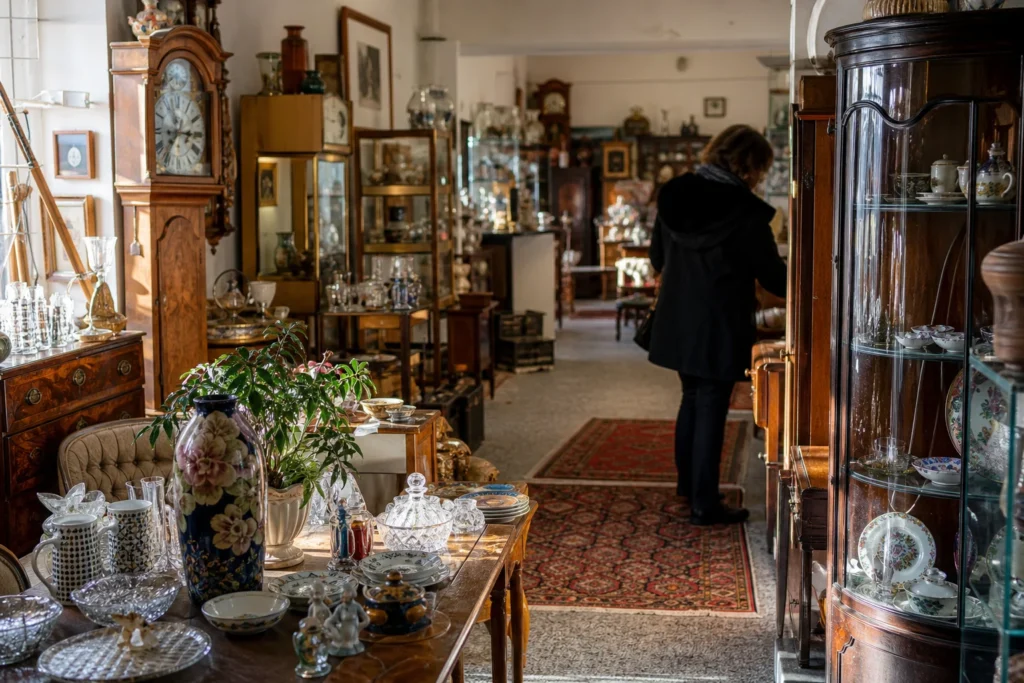 shoppers browsing antique and vintage market stalls at Ibon Antiques in Alberta