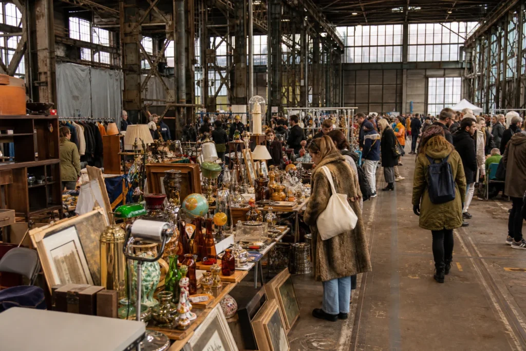 shoppers browsing antique and vintage market stalls at IJ-Hallen Flea Market in Amsterdam, Netherlands