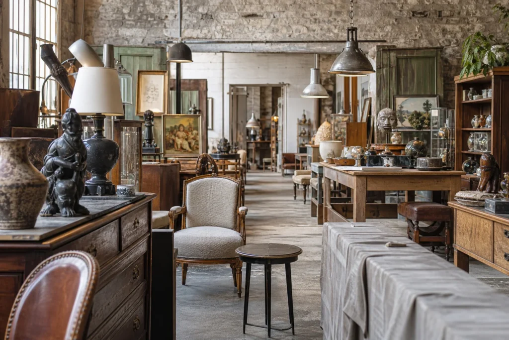 shoppers browsing antique and vintage market stalls at Incollect in Place Charles David, 30400 Villeneuve-lès-Avignon, France