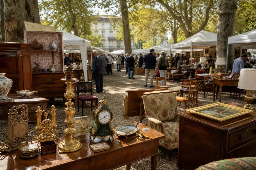 shoppers browsing antique and vintage market stalls at Indipendenza Antiquaria in Florence, Italy