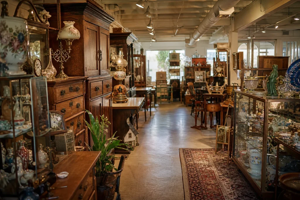 shoppers browsing antique and vintage market stalls at Inside Avenue Antiques in Alberta, Canada