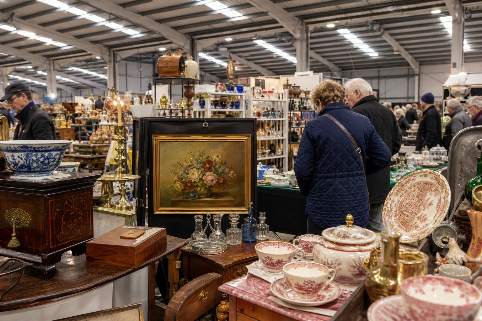 shoppers browsing antique and vintage market stalls at International Westpoint Antiques and Collectors Fair in United Kingdom