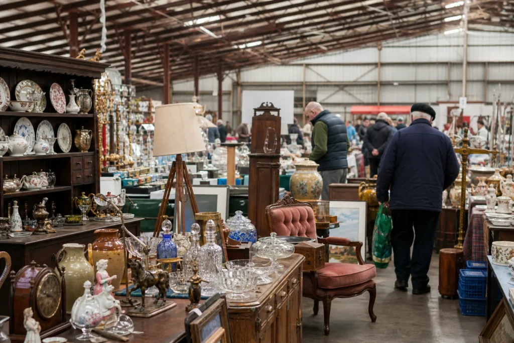 shoppers browsing antique and vintage market stalls at International Yorkshire Antique Home and Vintage Fair in United Kingdom