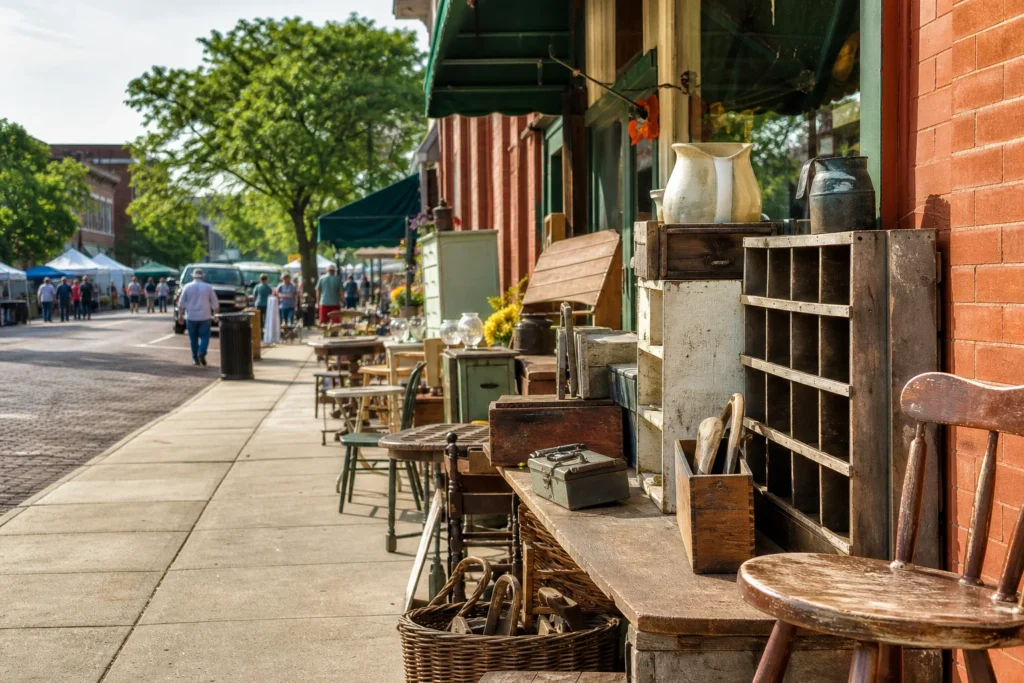 shoppers browsing antique and vintage market stalls at Iowa’s Antique City