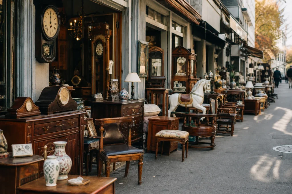 shoppers browsing antique and vintage market stalls at Itaewon Antique Furniture Street – 이태원 앤틱 가구 거리 in South Korea