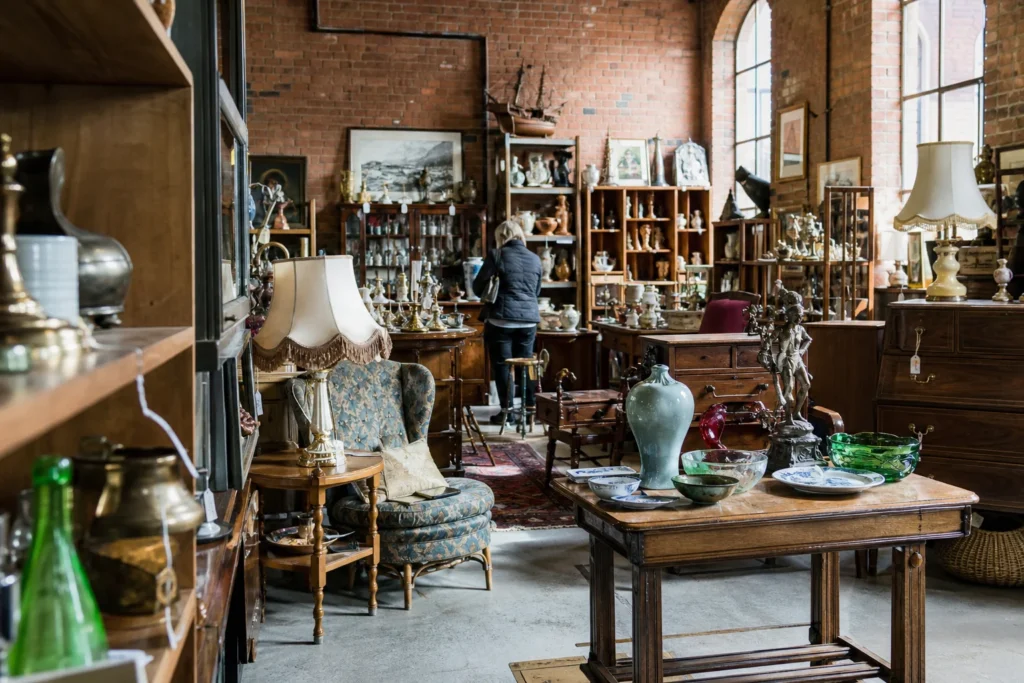 shoppers browsing antique and vintage market stalls at Jacob’s Antique Center in United Kingdom
