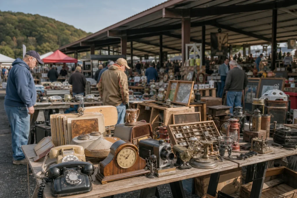 shoppers browsing antique and vintage market stalls at Jake’s Flea Market in Pennsylvania