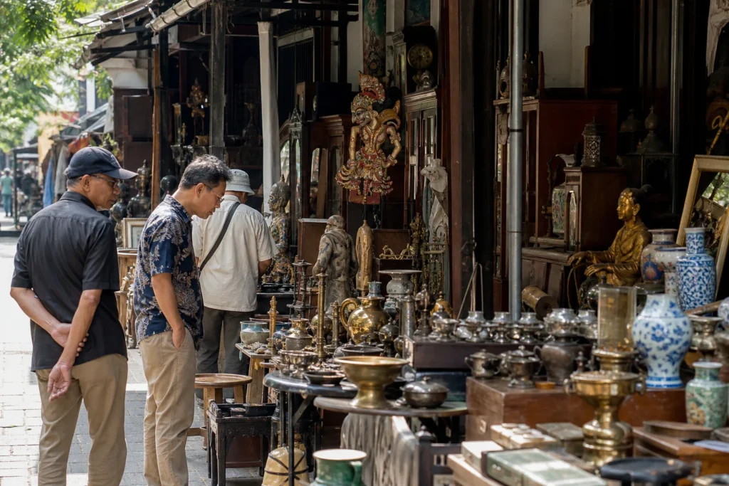shoppers browsing antique and vintage market stalls at Jalan Surabaya Antique Market in Indonesia