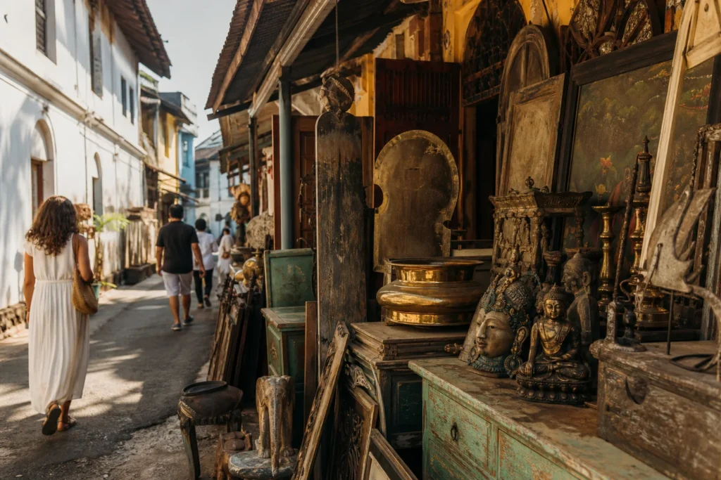 shoppers browsing antique and vintage market stalls at Jew Town in India