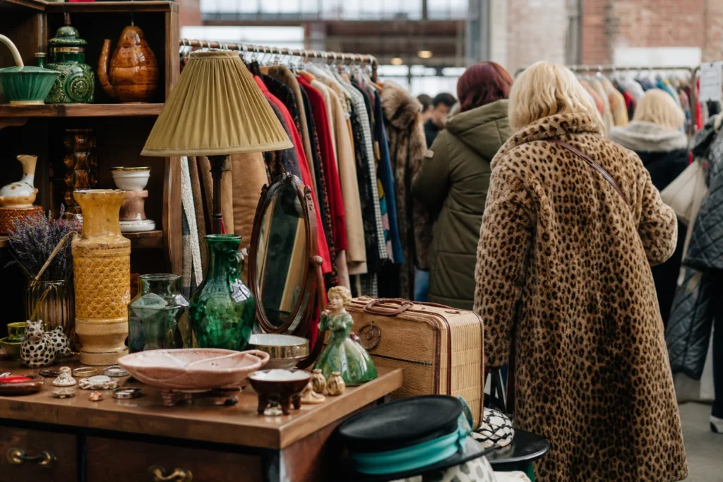 shoppers browsing antique and vintage market stalls at Judy’s Affordable Vintage Fair in London