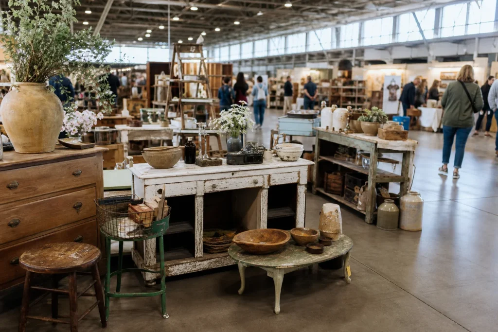 shoppers browsing antique and vintage market stalls at Junk Bonanza Vintage Market Minneapolis in Minnesota
